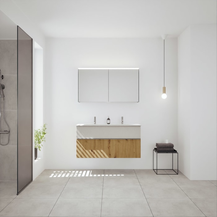 burgbad Fiumo 2.0 Badmöbelset 122 cm mit Waschtisch mit Unterschrank mit Griff G0146 und Spiegelschrank