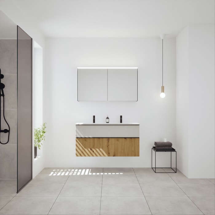 burgbad Fiumo 2.0 Badmöbelset 122 cm mit Waschtisch mit Unterschrank mit Griff G0200 und Spiegelschrank