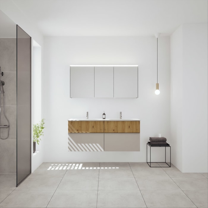 burgbad Fiumo 2.0 Badmöbelset 142 cm mit Waschtisch mit Unterschrank mit Griff G0146 und Spiegelschrank