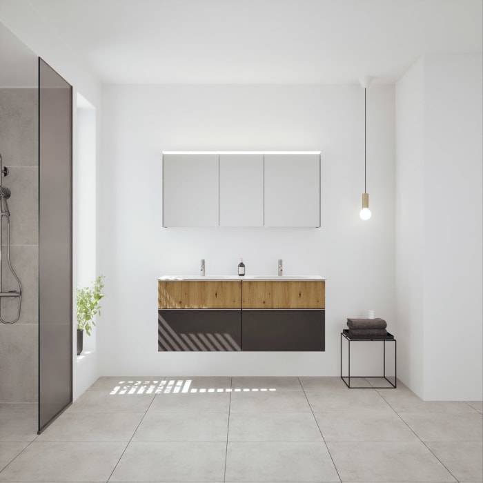 burgbad Fiumo 2.0 Badmöbelset 142 cm mit Waschtisch mit Unterschrank mit Griff G0146 und Spiegelschrank