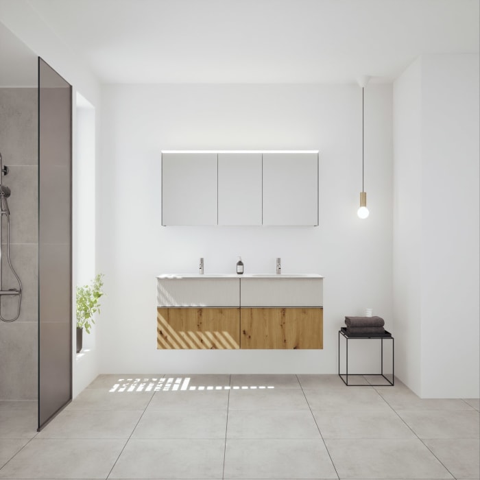 burgbad Fiumo 2.0 Badmöbelset 142 cm mit Waschtisch mit Unterschrank mit Griff G0146 und Spiegelschrank