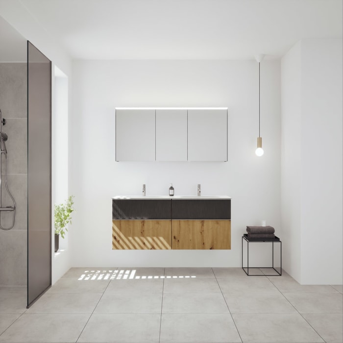 burgbad Fiumo 2.0 Badmöbelset 142 cm mit Waschtisch mit Unterschrank mit Griff G0146 und Spiegelschrank