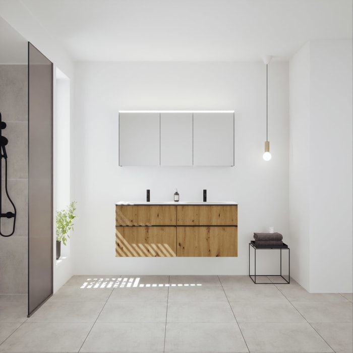 burgbad Fiumo 2.0 Badmöbelset 142 cm mit Waschtisch mit Unterschrank mit Griff G0200 und Spiegelschrank