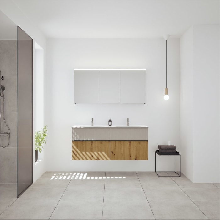 burgbad Fiumo 2.0 Badmöbelset 142 cm mit Waschtisch mit Unterschrank mit Griff G0146 und Spiegelschrank