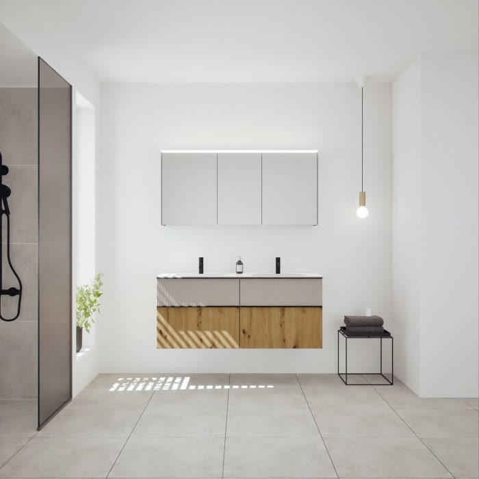 burgbad Fiumo 2.0 Badmöbelset 142 cm mit Waschtisch mit Unterschrank mit Griff G0200 und Spiegelschrank