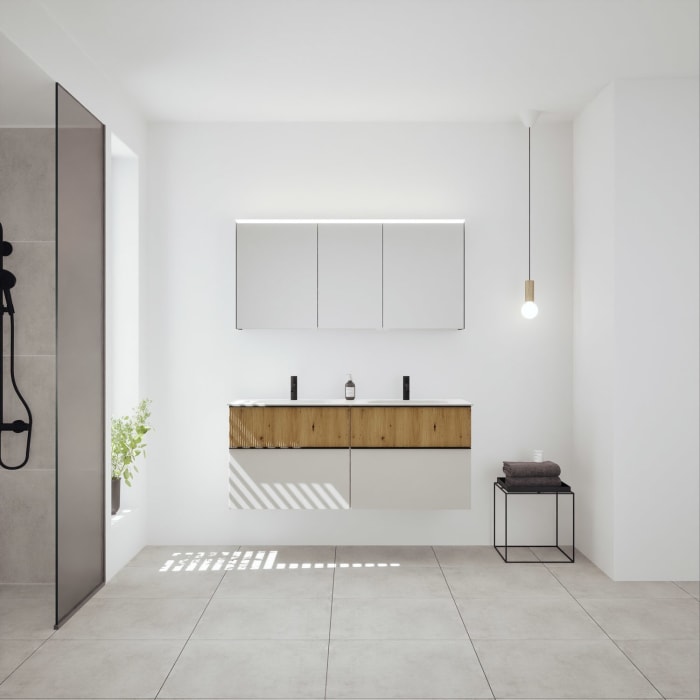 burgbad Fiumo 2.0 Badmöbelset 142 cm mit Waschtisch mit Unterschrank mit Griff G0200 und Spiegelschrank