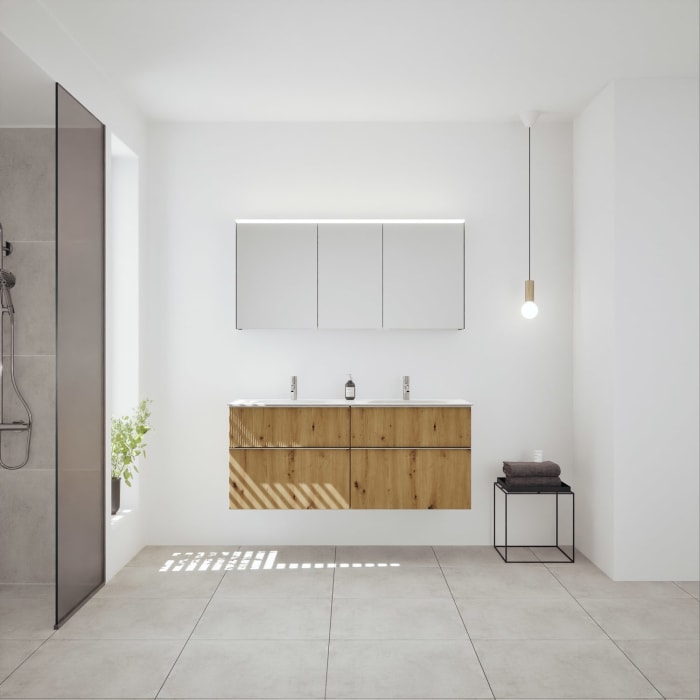 burgbad Fiumo 2.0 Badmöbelset 142 cm mit Waschtisch mit Unterschrank mit Griff G0146 und Spiegelschrank