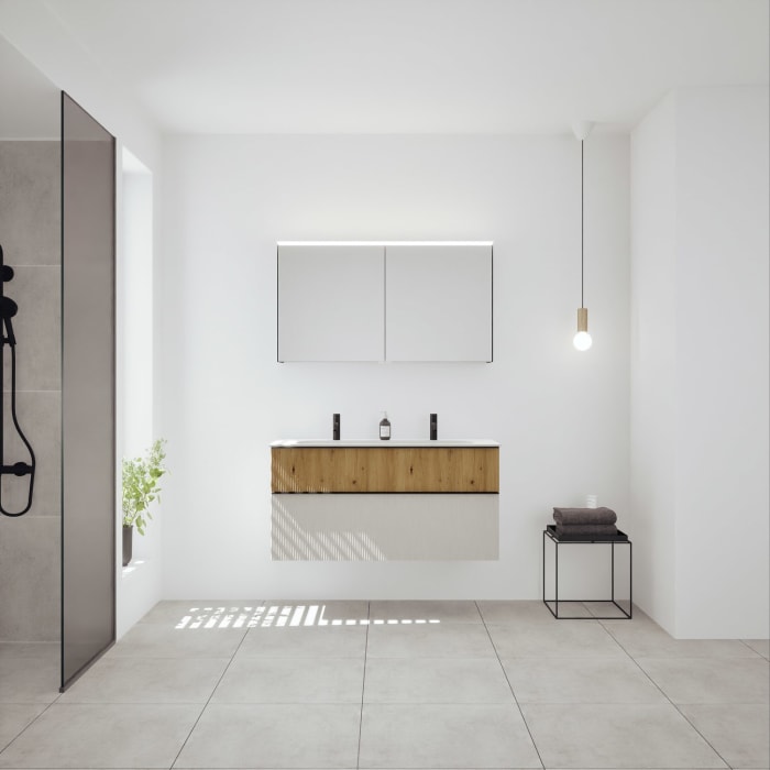 burgbad Fiumo 2.0 Badmöbelset 122 cm mit Waschtisch mit Unterschrank mit Griff G0200 und Spiegelschrank