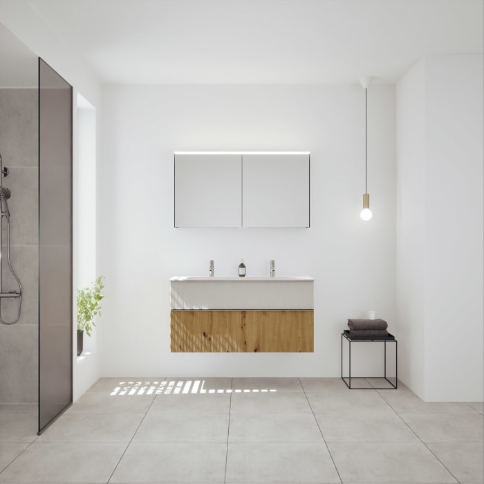 burgbad Fiumo 2.0 Badmöbelset 122 cm mit Waschtisch mit Unterschrank mit Griff G0146 und Spiegelschrank