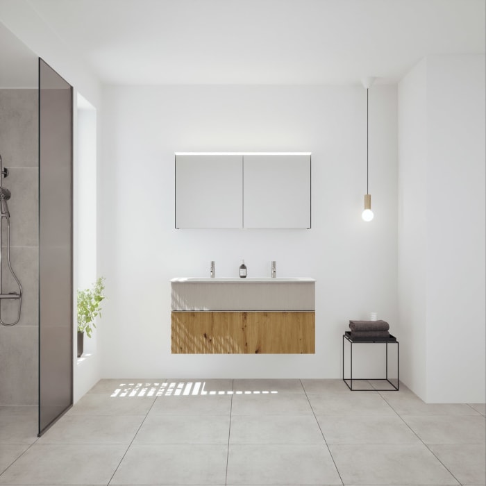 burgbad Fiumo 2.0 Badmöbelset 122 cm mit Waschtisch mit Unterschrank mit Griff G0146 und Spiegelschrank