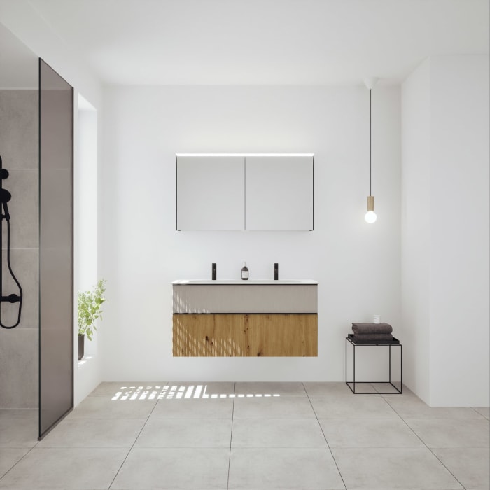 burgbad Fiumo 2.0 Badmöbelset 122 cm mit Waschtisch mit Unterschrank mit Griff G0200 und Spiegelschrank