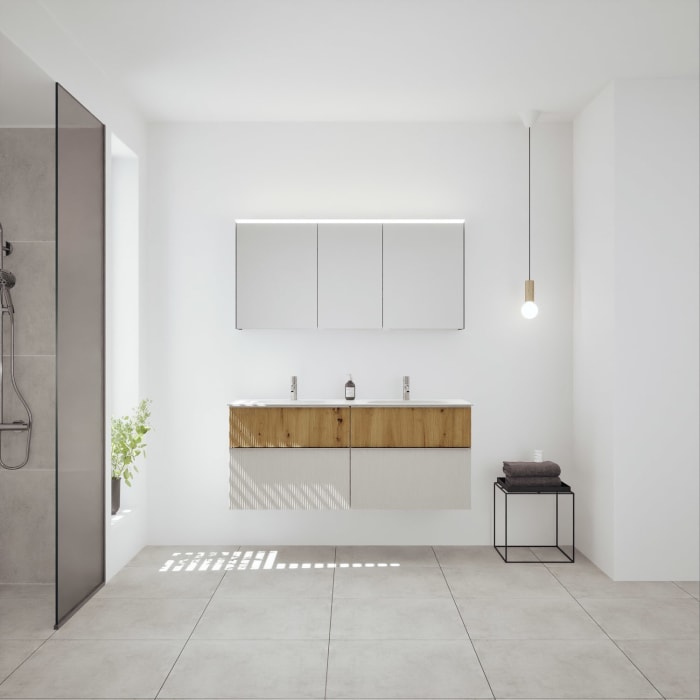 burgbad Fiumo 2.0 Badmöbelset 142 cm mit Waschtisch mit Unterschrank mit Griff G0146 und Spiegelschrank