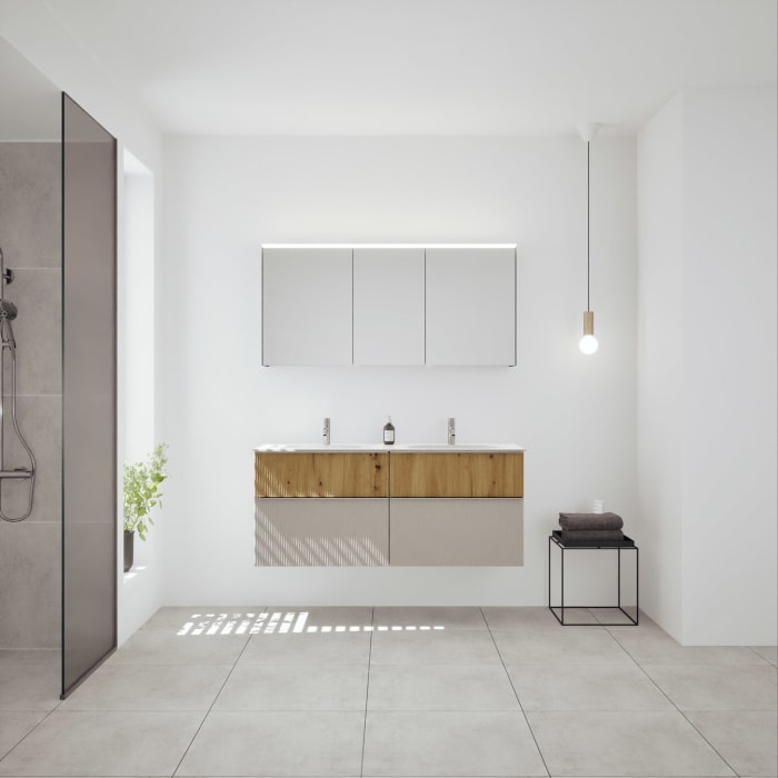 burgbad Fiumo 2.0 Badmöbelset 142 cm mit Waschtisch mit Unterschrank mit Griff G0146 und Spiegelschrank