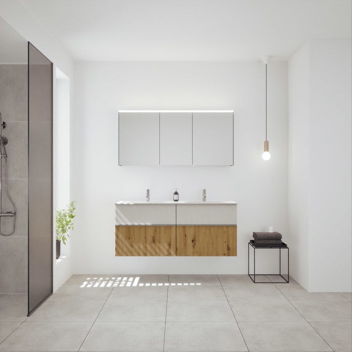 burgbad Fiumo 2.0 Badmöbelset 142 cm mit Waschtisch mit Unterschrank mit Griff G0146 und Spiegelschrank