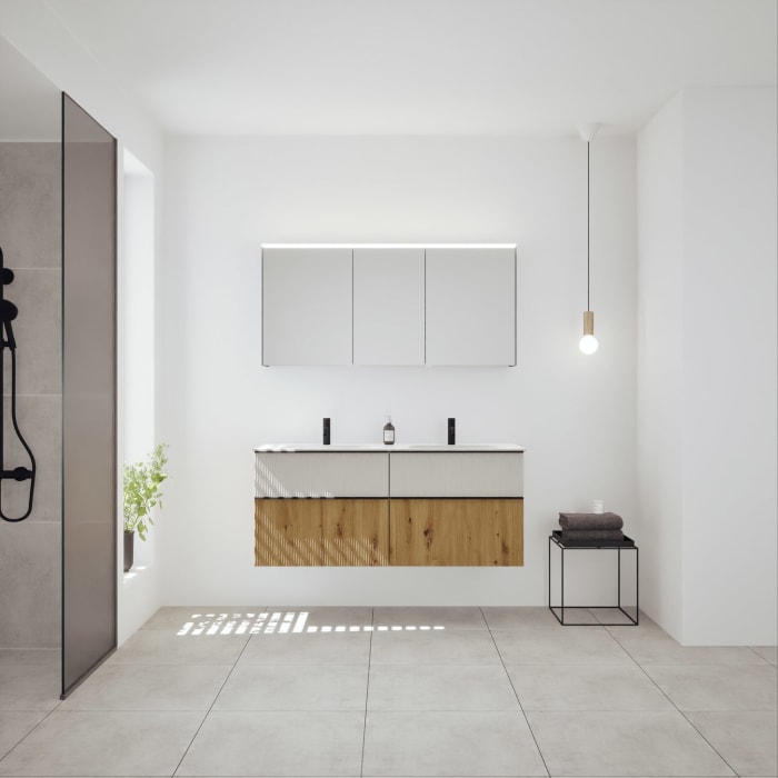 burgbad Fiumo 2.0 Badmöbelset 142 cm mit Waschtisch mit Unterschrank mit Griff G0200 und Spiegelschrank