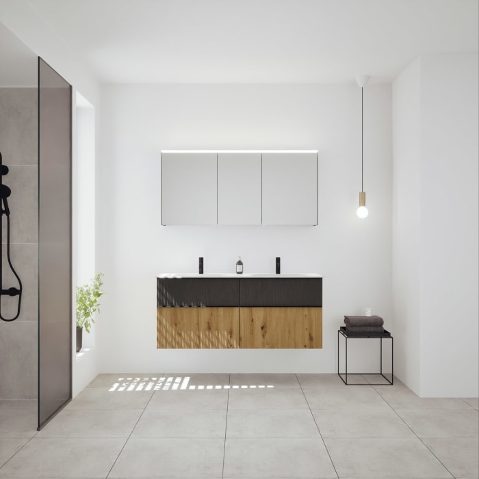 burgbad Fiumo 2.0 Badmöbelset 142 cm mit Waschtisch mit Unterschrank mit Griff G0200 und Spiegelschrank