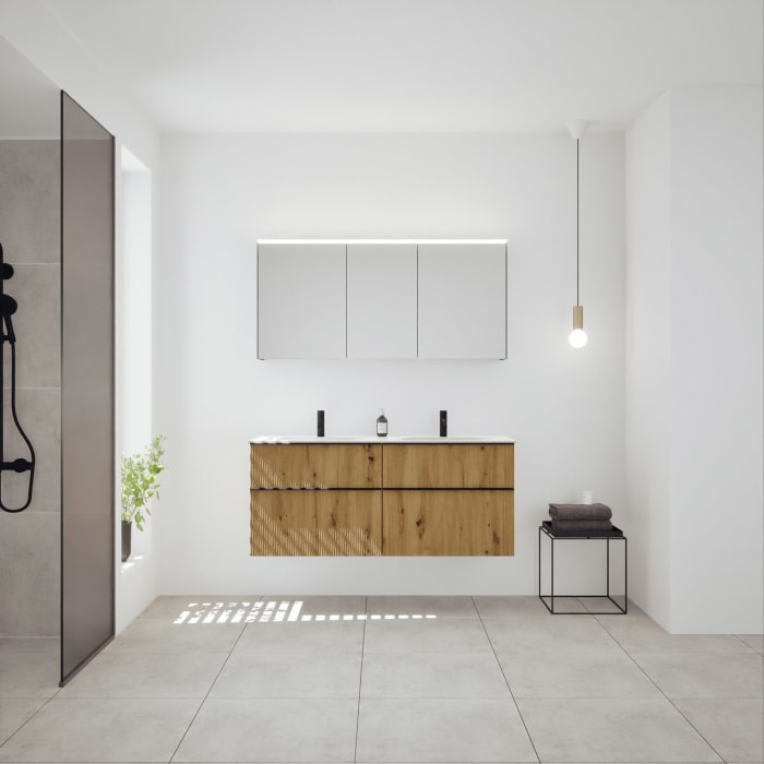 burgbad Fiumo 2.0 Badmöbelset 142 cm mit Waschtisch mit Unterschrank mit Griff G0200 und Spiegelschrank