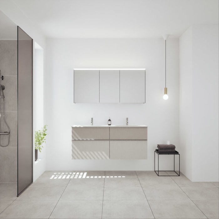 burgbad Fiumo 2.0 Badmöbelset 142 cm mit Waschtisch mit Unterschrank mit Griff G0146 und Spiegelschrank