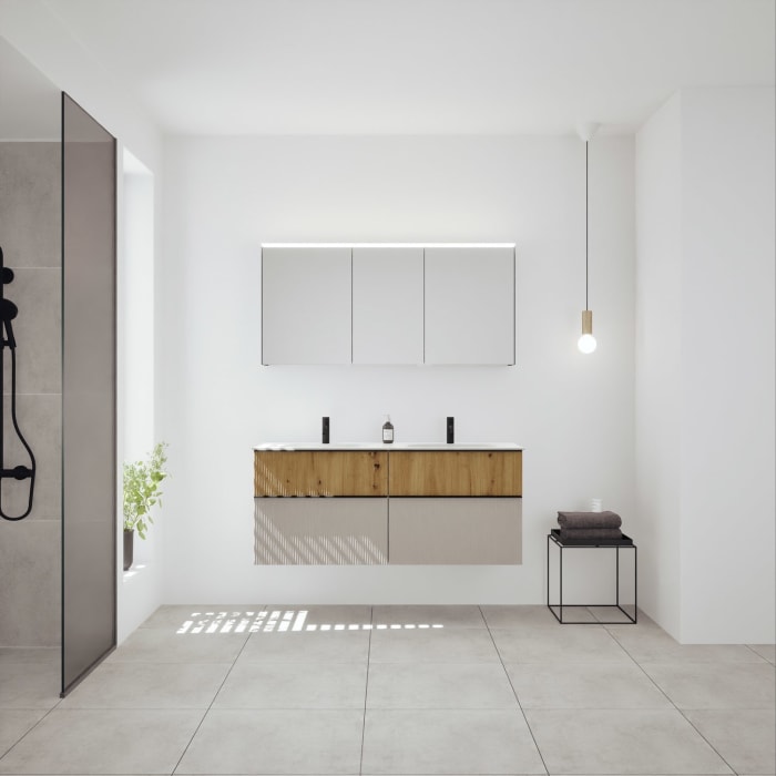 burgbad Fiumo 2.0 Badmöbelset 142 cm mit Waschtisch mit Unterschrank mit Griff G0200 und Spiegelschrank