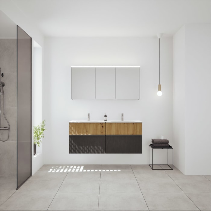 burgbad Fiumo 2.0 Badmöbelset 142 cm mit Waschtisch mit Unterschrank mit Griff G0146 und Spiegelschrank