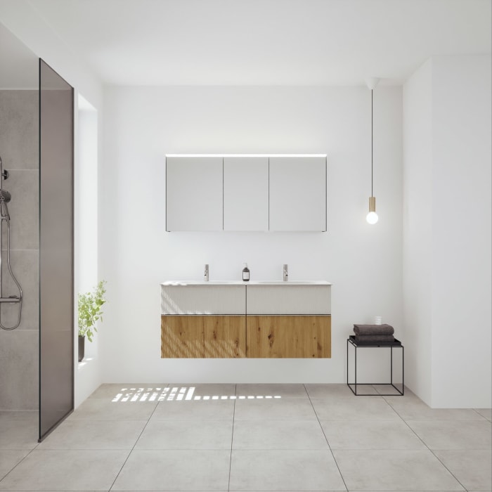 burgbad Fiumo 2.0 Badmöbelset 142 cm mit Waschtisch mit Unterschrank mit Griff G0146 und Spiegelschrank