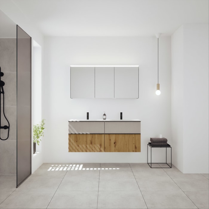 burgbad Fiumo 2.0 Badmöbelset 142 cm mit Waschtisch mit Unterschrank mit Griff G0200 und Spiegelschrank