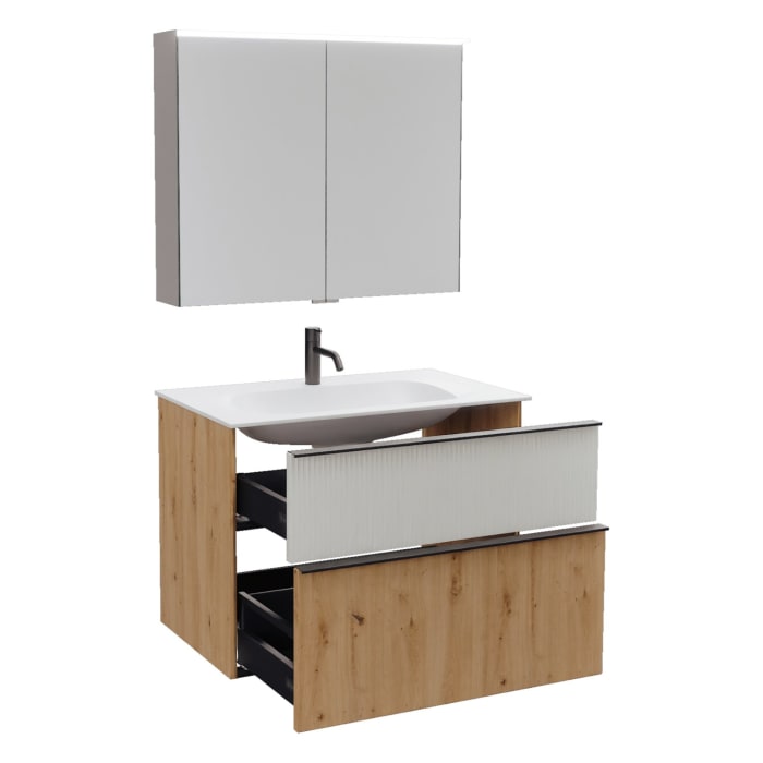 burgbad Fiumo 2.0 Badmöbelset 82 cm mit Waschtisch mit Unterschrank mit Griff G0200 und Spiegelschrank