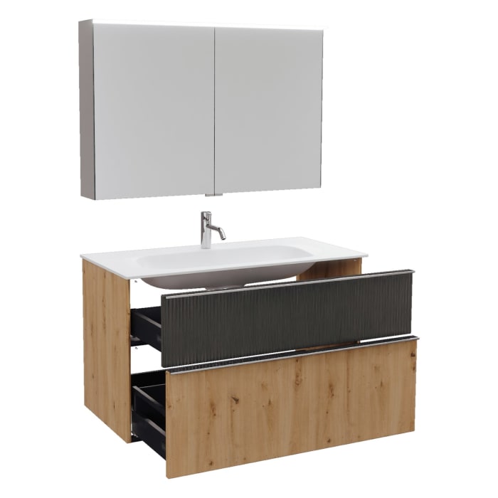 burgbad Fiumo 2.0 Badmöbelset 102 cm mit Waschtisch mit Unterschrank mit Griff G0146 und Spiegelschrank