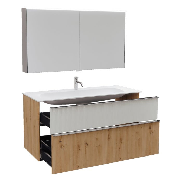 burgbad Fiumo 2.0 Badmöbelset 122 cm mit Waschtisch mit Unterschrank mit Griff G0146 und Spiegelschrank