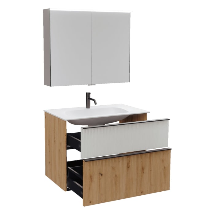 burgbad Fiumo 2.0 Badmöbelset 82 cm mit Waschtisch mit Unterschrank mit Griff G0200 und Spiegelschrank