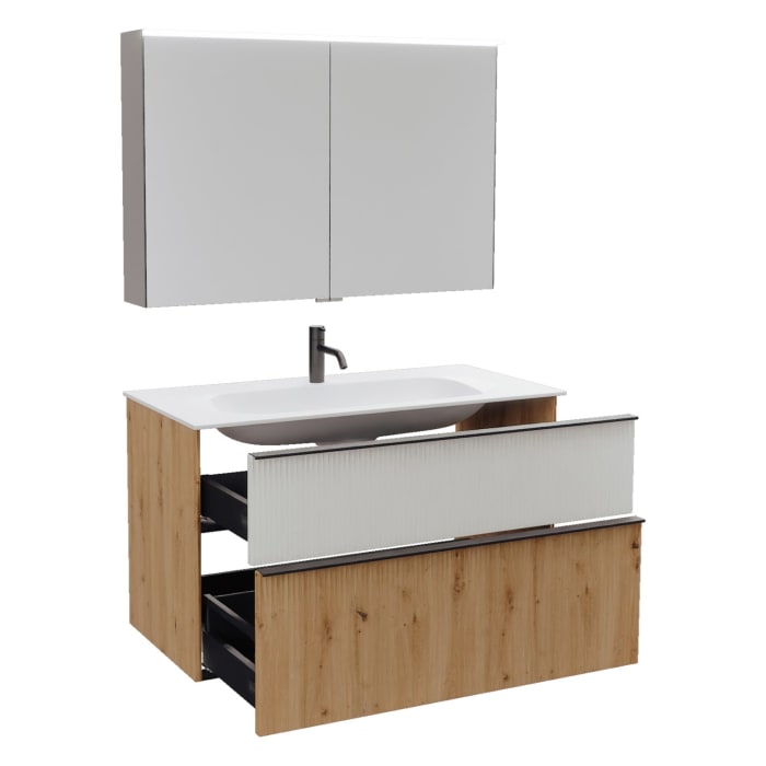 burgbad Fiumo 2.0 Badmöbelset 102 cm mit Waschtisch mit Unterschrank mit Griff G0200 und Spiegelschrank