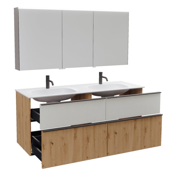 burgbad Fiumo 2.0 Badmöbelset 142 cm mit Waschtisch mit Unterschrank mit Griff G0200 und Spiegelschrank