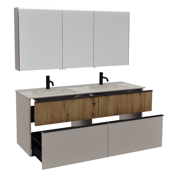 burgbad Fiumo 2.0 Badmöbelset 142 cm mit Waschtisch mit Unterschrank mit Griff G0200 und Spiegelschrank