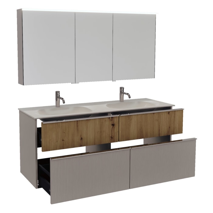 burgbad Fiumo 2.0 Badmöbelset 142 cm mit Waschtisch mit Unterschrank mit Griff G0146 und Spiegelschrank