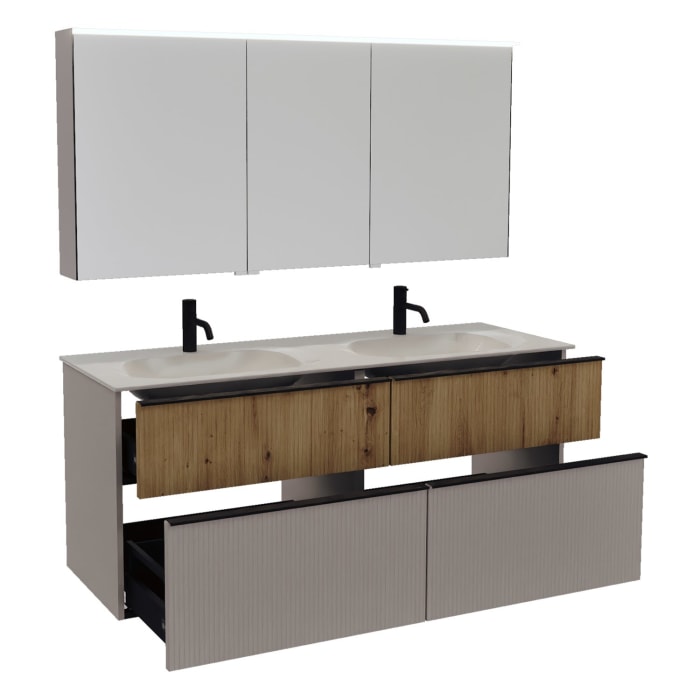 burgbad Fiumo 2.0 Badmöbelset 142 cm mit Waschtisch mit Unterschrank mit Griff G0200 und Spiegelschrank