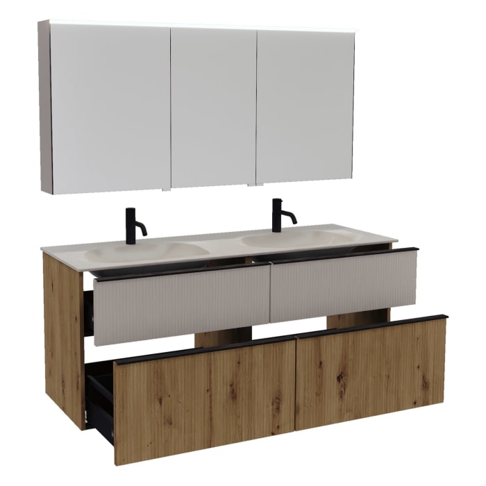 burgbad Fiumo 2.0 Badmöbelset 142 cm mit Waschtisch mit Unterschrank mit Griff G0200 und Spiegelschrank