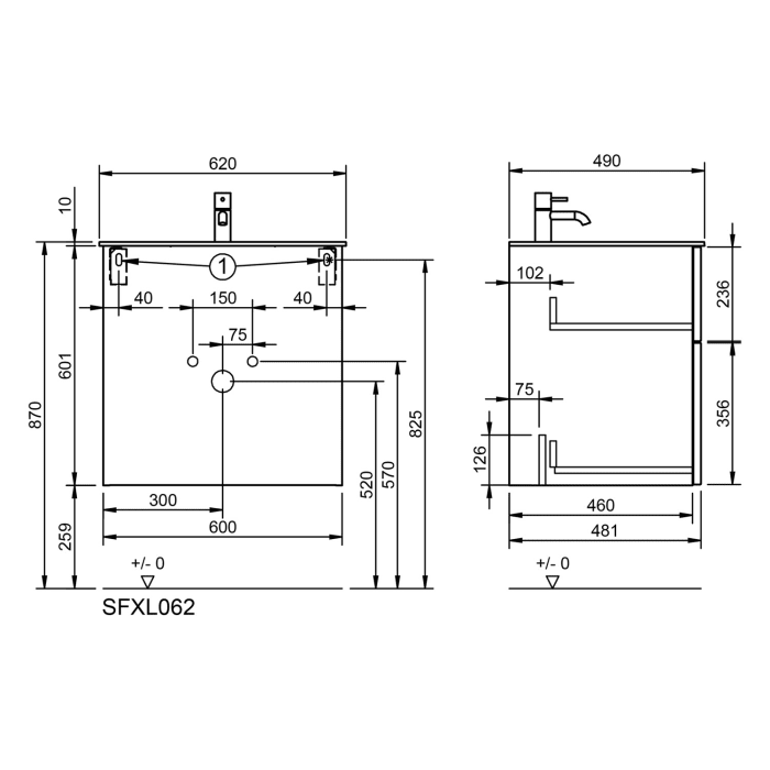 burgbad Fiumo 2.0 Mineralguss-Waschtisch mit Waschtischunterschrank 62 cm, mit Griff G0200