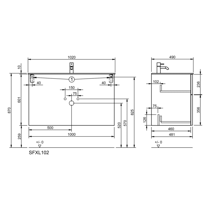 burgbad Fiumo 2.0 Mineralguss-Waschtisch mit Waschtischunterschrank 102 cm, mit Griff G0200