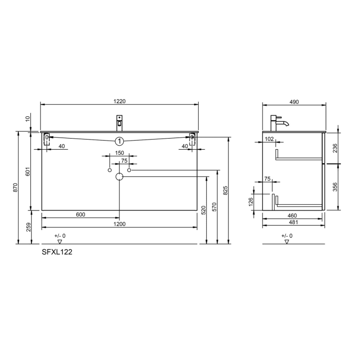 burgbad Fiumo 2.0 Mineralguss-Waschtisch mit Waschtischunterschrank 122 cm, mit Griff G0200