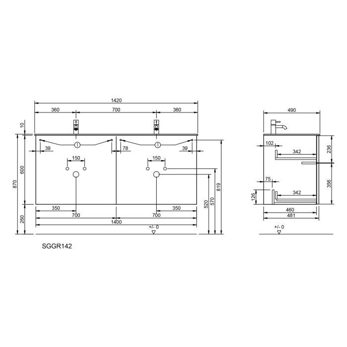 burgbad Fiumo 2.0 Mineralguss-Waschtisch mit Waschtischunterschrank 142 cm, mit Griff G0200