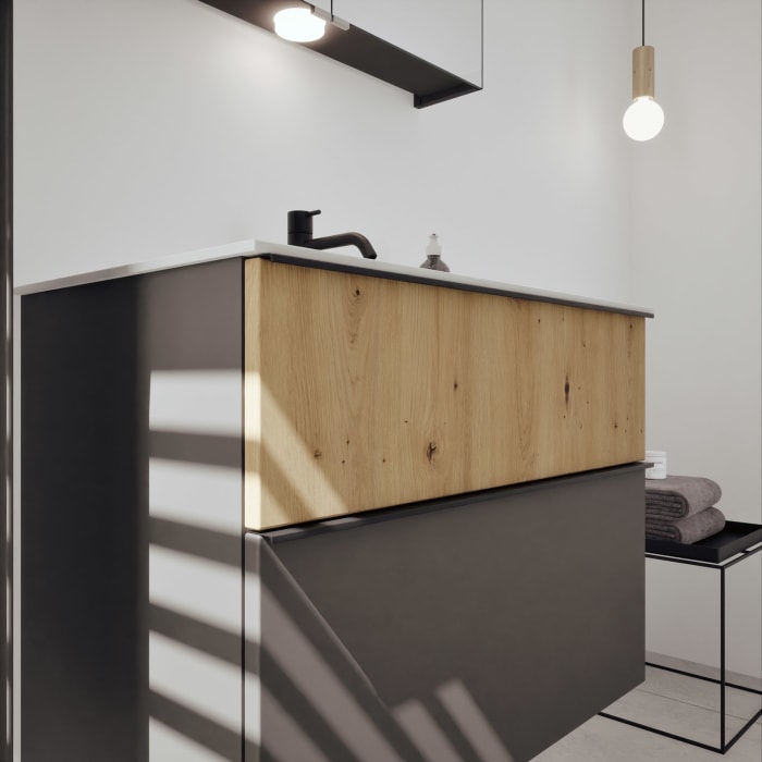 burgbad Fiumo 2.0 Mineralguss-Waschtisch mit Waschtischunterschrank 82 cm, mit Griff G0200