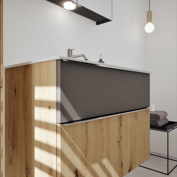 burgbad Fiumo 2.0 Mineralguss-Waschtisch mit Waschtischunterschrank 82 cm, mit Griff G0146