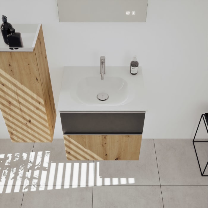 burgbad Fiumo 2.0 Mineralguss-Waschtisch mit Waschtischunterschrank 62 cm, mit Griff G0146