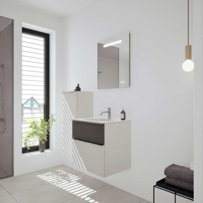 burgbad Fiumo 2.0 Mineralguss-Waschtisch mit Waschtischunterschrank 62 cm, mit Griff G0146