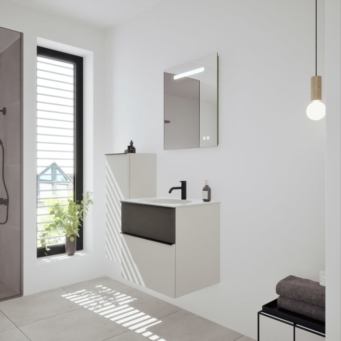 burgbad Fiumo 2.0 Mineralguss-Waschtisch mit Waschtischunterschrank 62 cm, mit Griff G0200