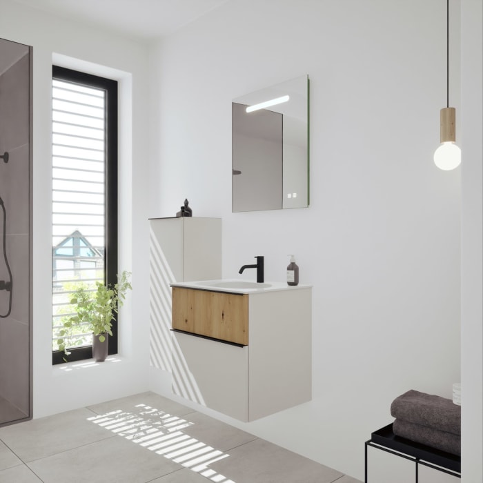 burgbad Fiumo 2.0 Mineralguss-Waschtisch mit Waschtischunterschrank 62 cm, mit Griff G0200