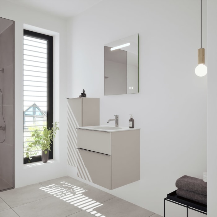 burgbad Fiumo 2.0 Mineralguss-Waschtisch mit Waschtischunterschrank 62 cm, mit Griff G0146