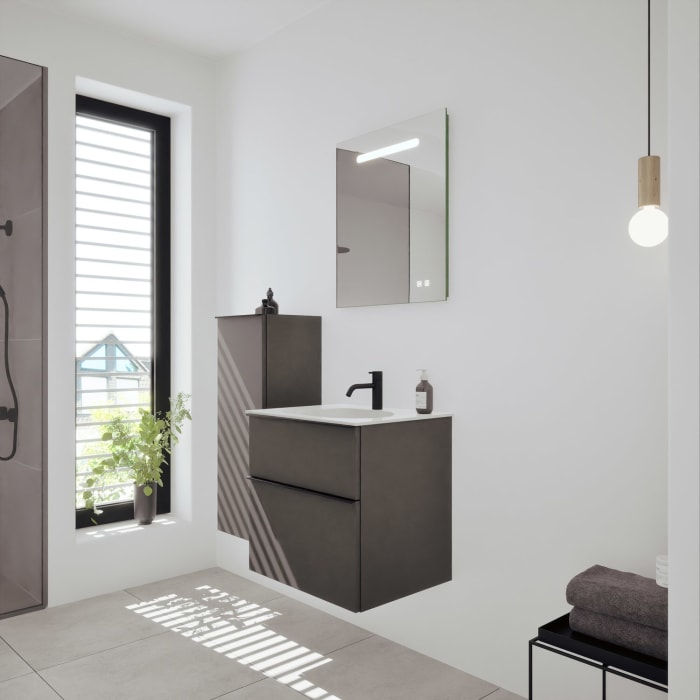 burgbad Fiumo 2.0 Mineralguss-Waschtisch mit Waschtischunterschrank 62 cm, mit Griff G0200