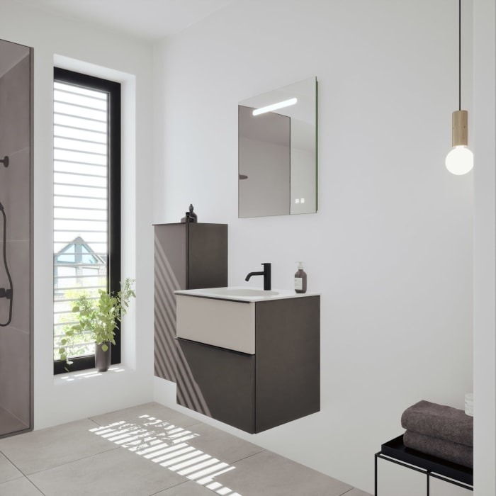 burgbad Fiumo 2.0 Mineralguss-Waschtisch mit Waschtischunterschrank 62 cm, mit Griff G0200