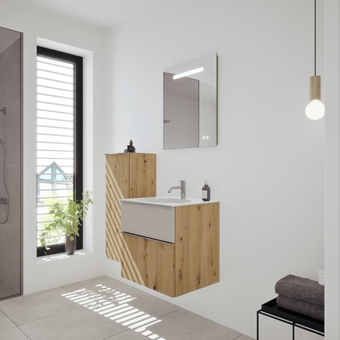 burgbad Fiumo 2.0 Mineralguss-Waschtisch mit Waschtischunterschrank 62 cm, mit Griff G0146